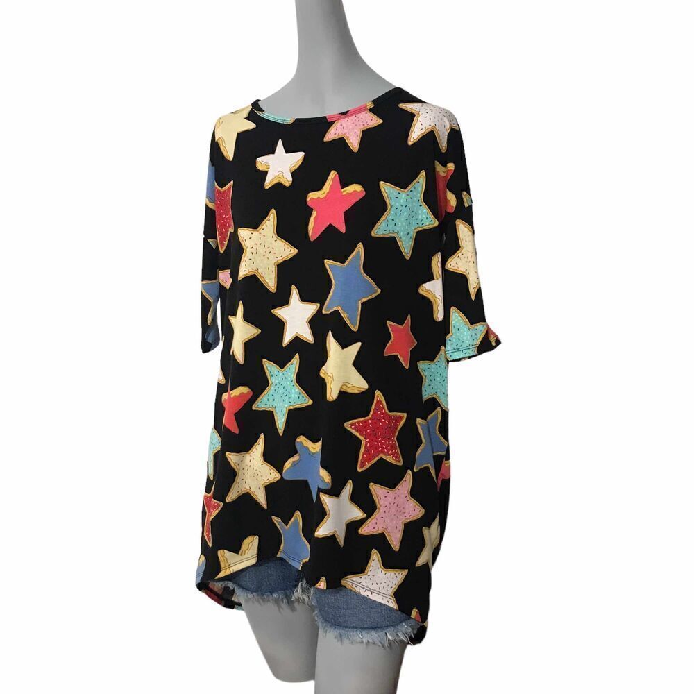 LuLaRoe IRMA Shirt Stars Black Blue Red Pink Size XS holiday sale sugar cookie